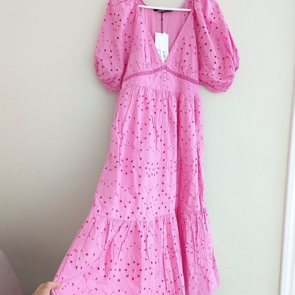 ZARA PINK OPENWORK EMBROIDERED MIDI DRESS PUFF SLEEVES - Picture 5 of 12